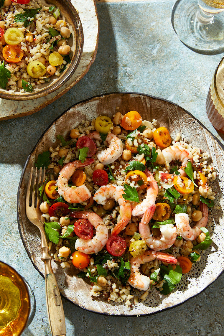 Farro and shrimp bowl with tomatoes