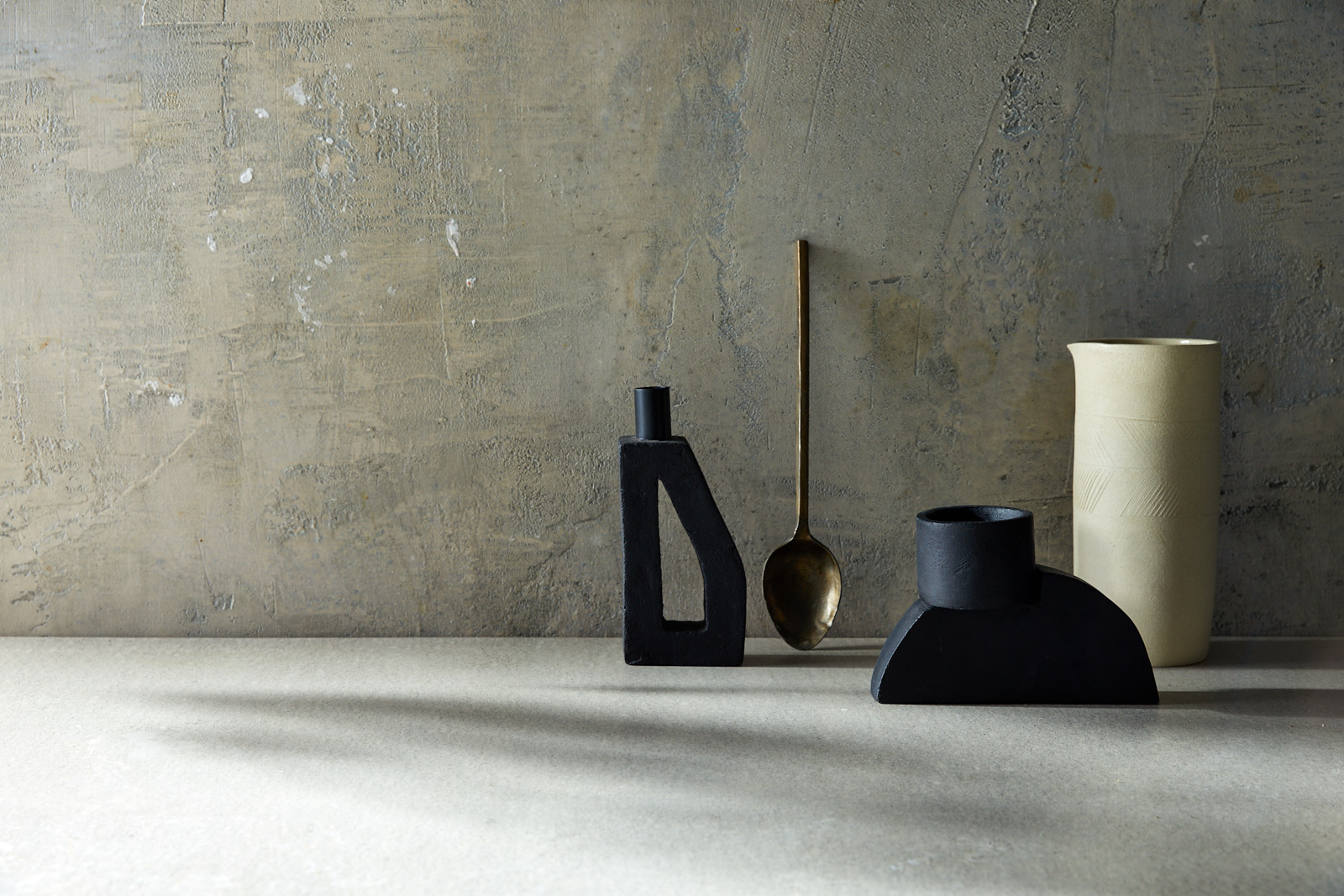 Black Vases and PItcher with Brass Spoon