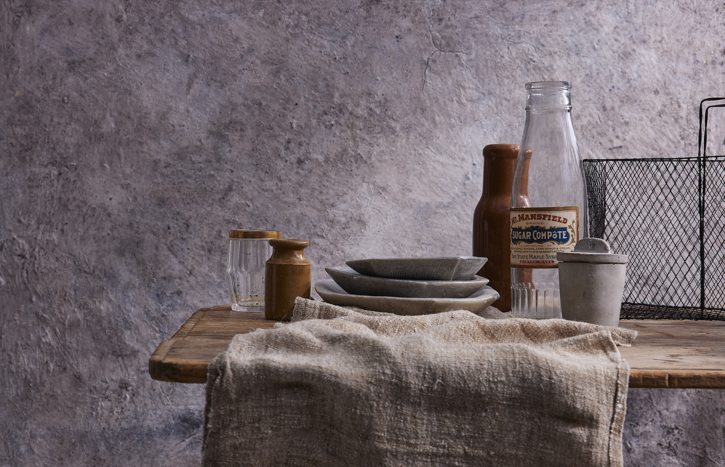 European Tablescape with vintage bottles and tableware