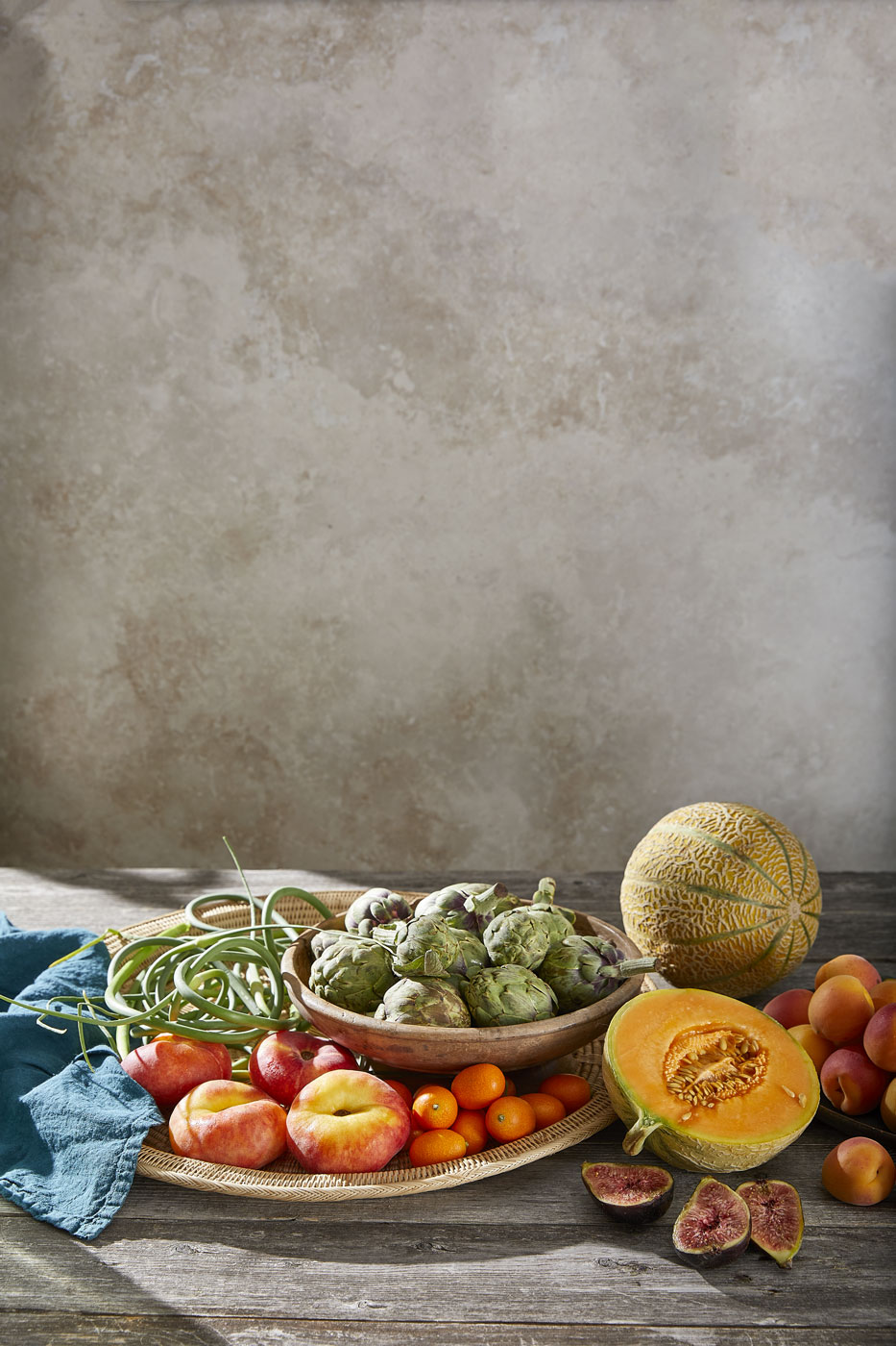 Fruit and vegetable tabletop scene