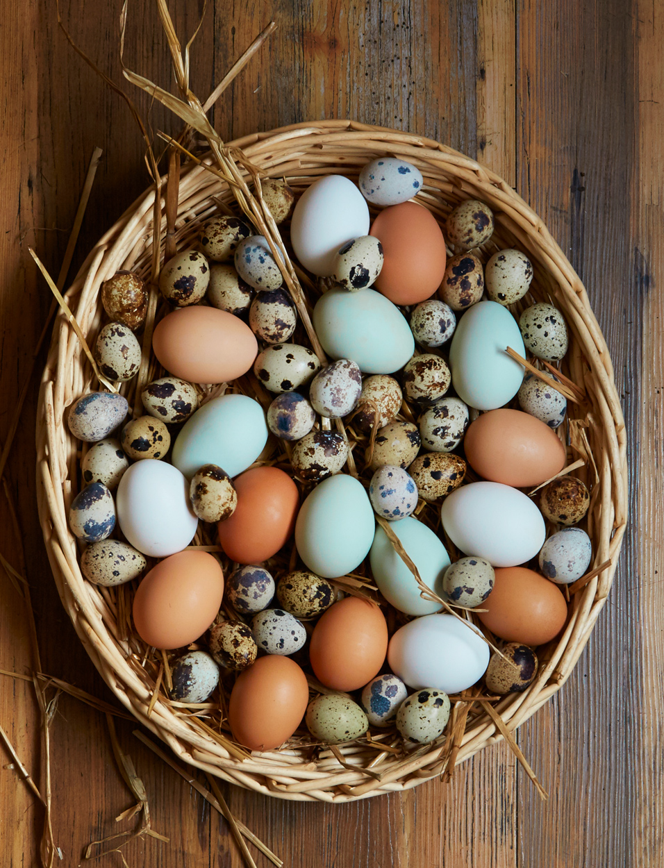Hen-and-quail-eggs-in-a-straw-basket