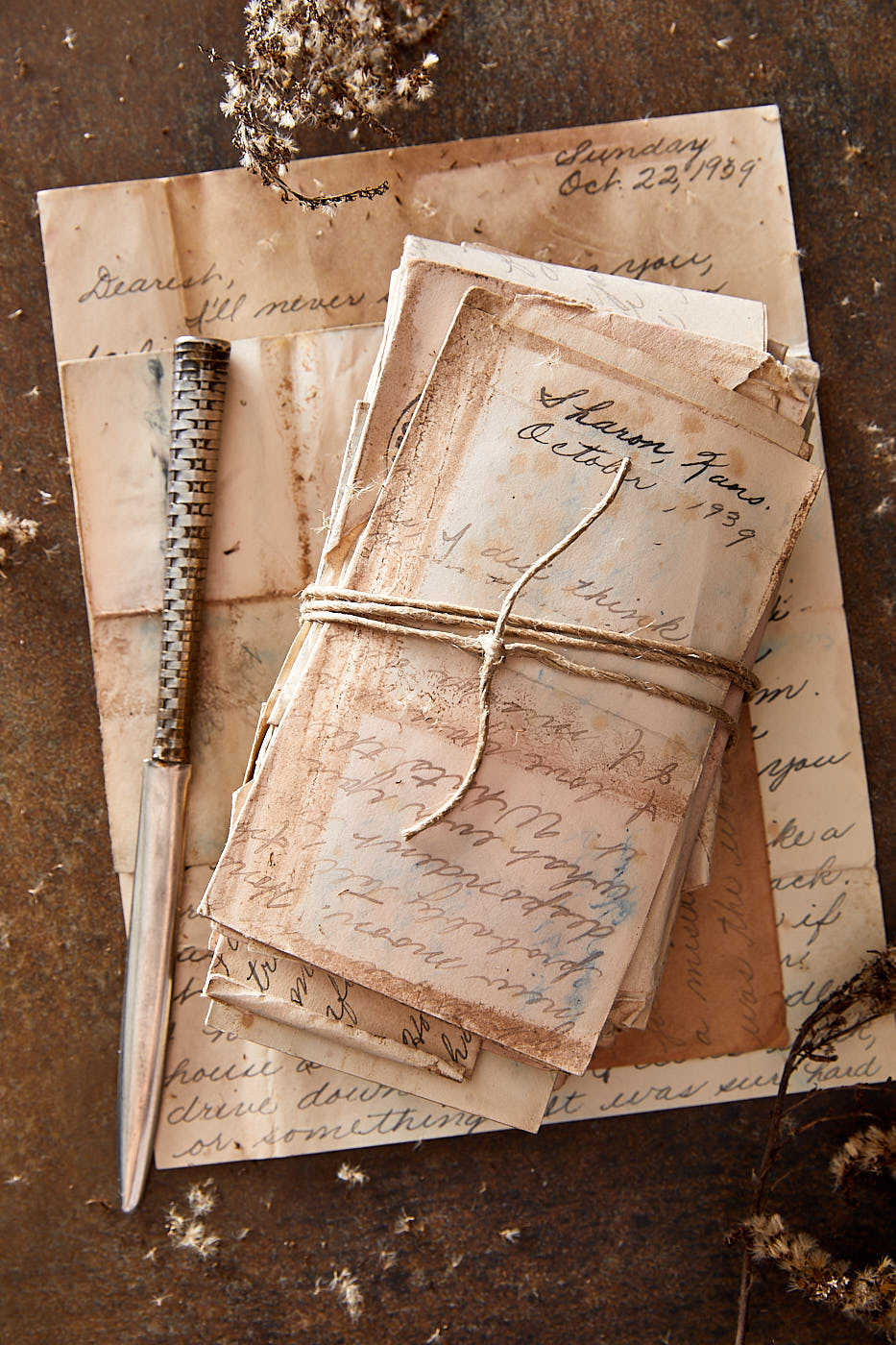 Packet of vintage love letters tied with twine
