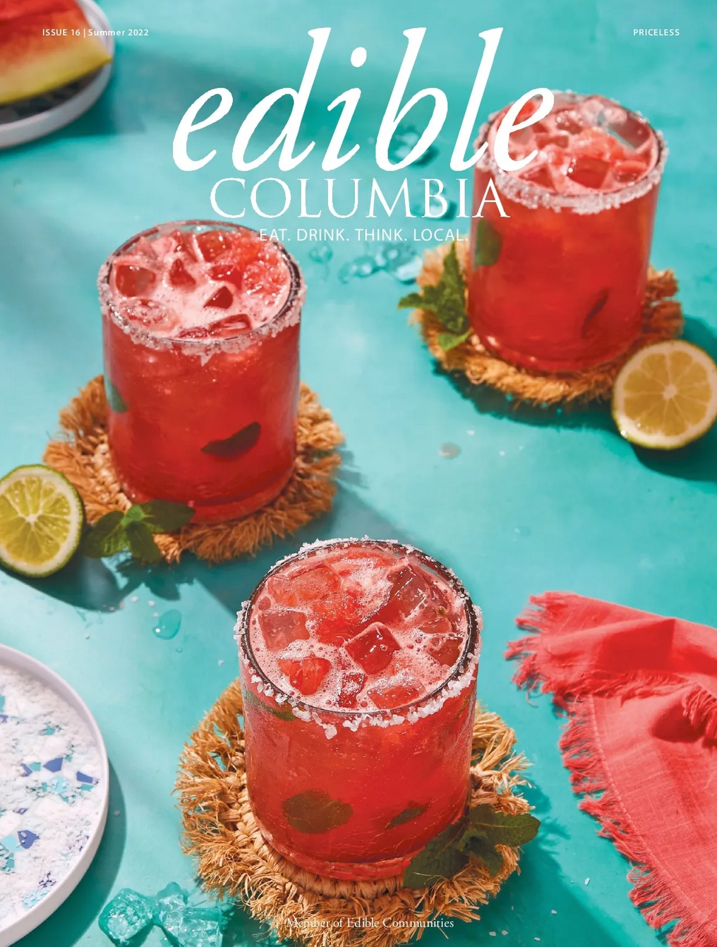 Watermelon and mint Margaritas on blue surface